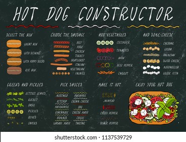 Hot Dog Ingredients Constructor. Sausage, Bun, Vegetables, Cheese, Salad Leaves, Sauce. Fast Food Collection. Realistic Hand Drawn High Quality Vector Illustration. Doodle Style. Black Chalkboard.
