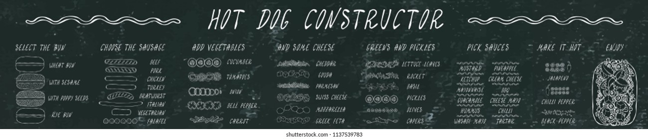 Hot Dog Ingredients Constructor. Sausage, Bun, Vegetables, Cheese, Salad Leaves, Sauce. Fast Food Collection. Realistic Hand Drawn High Quality Vector Illustration. Doodle Style. Black Chalkboard.
