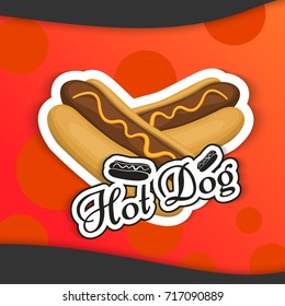 Hot dog isolated logo emblem in cartoon style for your products icon Vector Illustration. Fast food with sausage symbol and mustard snack for your projects