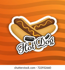 Hot dog isolated logo emblem in cartoon style for your products icon Vector Illustration. Fast food with sausage symbol and mustard snack for your projects