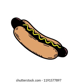 HOT DOG ISOLATED WITH MUSTARD COLOR WHITE BACKGROUND