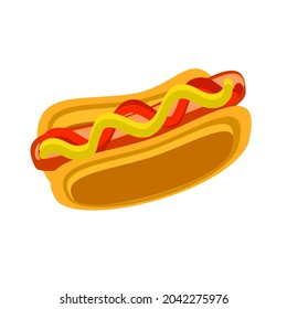 Hot dog isolated on a white background.Vector illustration.Sausage with mustard bun and ketchup can be used in menus,banners,textiles.
