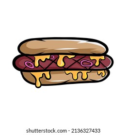 Hot dog isolated on white. Delicious fast food, junk food. Cartoon Vector illustration.