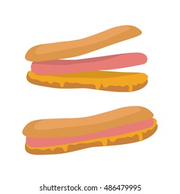 Hot dog isolated on white. Sandwich with sausage and mustard. Junk unhealthy food. Consumption of high calories nourishment fast food. Part of series of promotion healthy diet and good fit. Vector