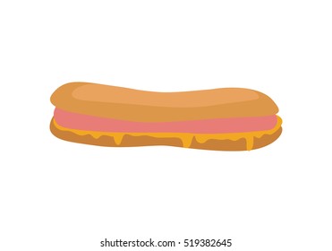 Hot dog isolated on white. Sandwich with sausage and mustard. Junk unhealthy food. Consumption of high calories nourishment fast food. Part of series of promotion healthy diet and good fit. Vector