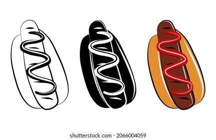 Hot Dog einzeln auf Vektorsymbol. Skizze für Schnellkartoons. Design-Element des Paketlogos. Straßen ungesund essen. Geschmackvolle Essensausgabe. Einfache Emblem-Vorlage. Grafisches einfarbiges Symbol. Menüzeichen.