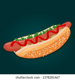 Hot dog isolated vector illustration. Fast food image for restaurant menu.