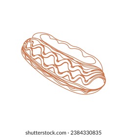 Hot dog with juicy beef sausage, seasoned with excellent ketchup and mayonnaise, fast food, kitchen, isolated, vector, illustration, line art white background, sausage, kitchen