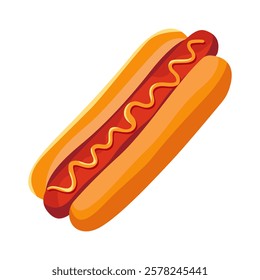 Hot dog with juicy sausage seasoned with mustard Vector illustration of fast food, street food Isolated on white background