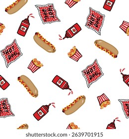 Hot Dog, ketchup and chips pattern. Ready to color and repeat. food design. vector and all over print