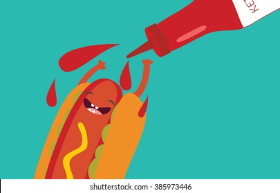 Hot Dog And Ketchup Have Fun. Vector Illustration Of Fast Food.