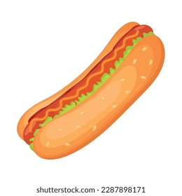 Hot dog with ketchup, lettuce and mustard, sesame seed bun.