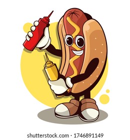 hot dog with ketchup and mayonnaise vector mascot illustration