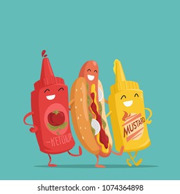 Hot dog, ketchup and mustard. Characters. Vector illustration.