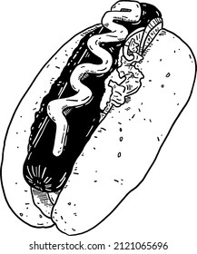 Hot dog ketchup and mustard Fast food Hand drawn line art Illustration