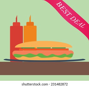 Hot Dog with ketchup and mustard in flat style. Vector illustration.