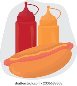 Hot dog with ketchup and mustard. High quality vector illustration.