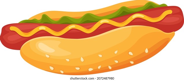Hot dog with ketchup and mustard sauce. Vector hot dog with sausage and sauce mustard, fast food with ketchup illustration design
