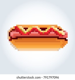Hot dog with ketchup and yellow mustard sauce. Pixel art on a gray-blue gradient background.