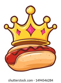 Hot dog king with crown, restaurant logo, vector illustration