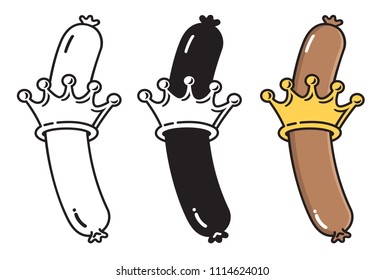 Hot Dog King vector design.
Badge or icon featuring a hot dog or wiener inserted through a crown. Includes three black and white or color options.