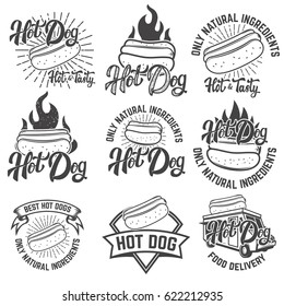 hot dog labels. Handwritten lettering logo, label, badge. Isolated on white background. Vector illustration.