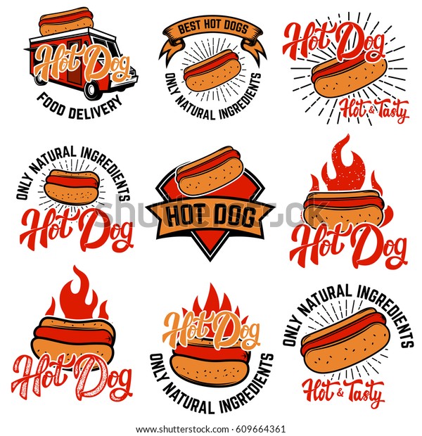 Стоковая векторная графика «Hot Dog Labels Handwritten Lettering Logo» (без лицензионных ...