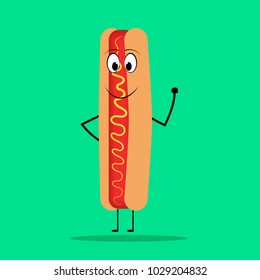 Hot dog with legs and arms and expression of happiness. vector, illustration.
