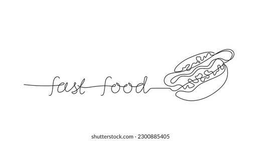 Hot dog and lettering in one continuous line drawing. Single line of fast food American hotdog of  with sausage for restaurant menu, poster or banner in simple linear style. Sketch vector illustration