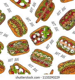 Hot Dog and Lettering Seamless Endless Pattern. Many Ingredients. Restaurant or Cafe Menu Background. Street Fast Food Collection. Realistic Hand Drawn High Quality Vector Illustration. Doodle Style.