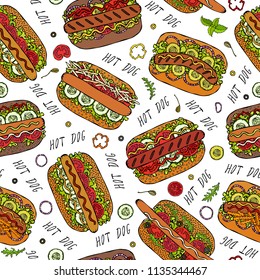 Hot Dog and Lettering Seamless Endless Pattern. Many Ingredients. Restaurant or Cafe Menu Background. Street Fast Food Collection. Realistic Hand Drawn High Quality Vector Illustration. Doodle Style.