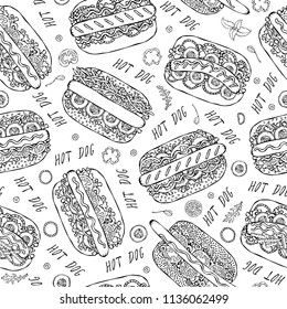 Hot Dog and Lettering Seamless Endless Pattern. Many Ingredients. Restaurant or Cafe Menu Background. Street Fast Food Collection. Realistic Hand Drawn High Quality Vector Illustration. Doodle Style.