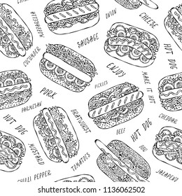 Hot Dog and Lettering Seamless Endless Pattern. Many Ingredients. Restaurant or Cafe Menu Background. Street Fast Food Collection. Realistic Hand Drawn High Quality Vector Illustration. Doodle Style.