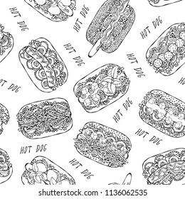 Hot Dog and Lettering Seamless Endless Pattern. Many Ingredients. Restaurant or Cafe Menu Background. Street Fast Food Collection. Realistic Hand Drawn High Quality Vector Illustration. Doodle Style.