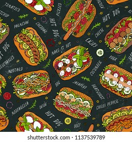 Hot Dog and Lettering Seamless Endless Pattern. Many Ingredients. Menu Background. Street Fast Food Collection. Realistic Hand Drawn High Quality Vector Illustration. Doodle Style. Black Chalkboard.