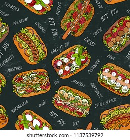 Hot Dog and Lettering Seamless Endless Pattern. Many Ingredients. Menu Background. Street Fast Food Collection. Realistic Hand Drawn High Quality Vector Illustration. Doodle Style. Black Chalkboard.