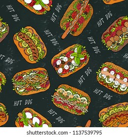 Hot Dog and Lettering Seamless Endless Pattern. Many Ingredients. Menu Background. Street Fast Food Collection. Realistic Hand Drawn High Quality Vector Illustration. Doodle Style. Black Chalkboard.