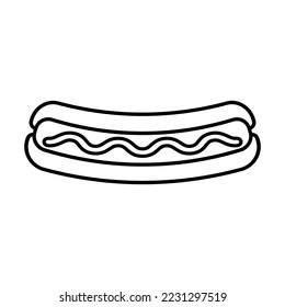 Hot dog line icon. Steamed or grilled sausage in elongated bun. Vector Illustration