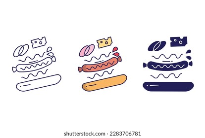 Hot dog line and solid vector icons