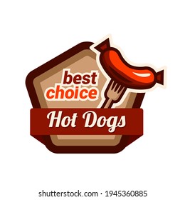 Hot dog logo badge with retro design style. Vector illustration, isolated on a white background.