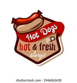 Hot dog logo badge with retro design style. Vector illustration, isolated on a white background.
