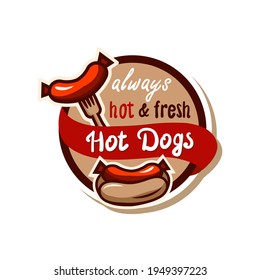 Hot dog logo badge with retro design style. Vector illustration, isolated on a white background.