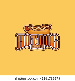 Hot dog logo badge with retro design style or label. for sticker, emblem, badge Fast food, restaurant, takeaway icon. Lettering vector illustration, colorful illustration