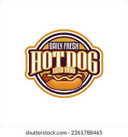 Hot Dog Logo-Button mit Retro-Design oder Label. für Aufkleber, Emblem, Abzeichen Fast Food, Restaurant, Abholsymbol. Lettische Vektorgrafik, bunte Illustration