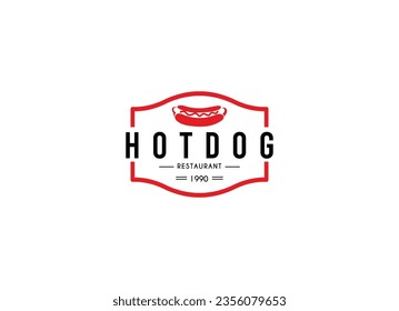 Hot dog logo badge with retro design style. Hot dog emblem logo design.