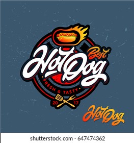 Hot dog Logo Badge. Vector logo, fast food, lettering