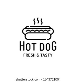 Hot dog logo design template. Vector fresh and tasty concept for cafe, stall, bar, restaurant. Line street fast food label illustration. Flat american hotdog logotype background