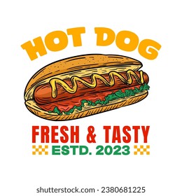 Hot Dog Logo Design Vorlage einzeln. Retro hot dog Logo, Vektorgrafik. handgezeichnetes Vintage-Hotdog-Emblem