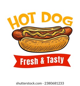 Hot dog logo design template isolated. Retro hot dog logo vector. Hand drawn vintage Hot dog emblem