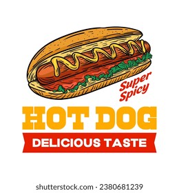 Hot dog logo design template isolated. Retro hot dog logo vector. Hand drawn vintage Hot dog emblem